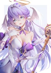 Rule 34 | 1girl, absurdres, aqua eyes, bare shoulders, bead bracelet, beads, bracelet, breasts, cleavage, commentary, detached sleeves, dress, earrings, gloves, hair between eyes, halo, hand on own chest, head wings, highres, holding, holding staff, honkai: star rail, honkai (series), jewelry, kns hanazuna, looking at viewer, medium breasts, musical note, open mouth, purple dress, purple hair, robin (honkai: star rail), short sleeves, smile, solo, staff, standing, strapless, strapless dress, two-tone dress, white dress, white gloves, white wings, wings