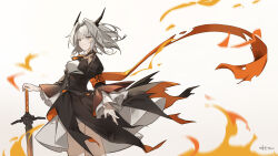 Rule 34 | 1girl, absurdres, arknights, armband, artist name, black horns, black shrug, black skirt, chinese commentary, closed mouth, commentary request, cowboy shot, fire, floating clothes, floating hair, frilled sleeves, frills, grey eyes, grey hair, hand on hilt, high-waist skirt, highres, horns, layered skirt, long sleeves, looking at viewer, orange armband, reunion logo (arknights), shiqi tokii, short hair, shrug (clothing), signature, simple background, skirt, solo, standing, sword, talulah (arknights), torn clothes, unsheathed, watermark, weapon, white background, white skirt
