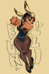 Rule 34 | 1girl, adapted costume, alex ahad, animal ears, black footwear, blue leotard, bracelet, breasts, brown hair, brown pantyhose, bun cover, capcom, chinese zodiac, chun-li, cleavage, commentary, double bun, english commentary, fake animal ears, fake tail, full body, hair bun, high heels, highres, interlocked fingers, jewelry, leotard, looking at viewer, medium breasts, pantyhose, playboy bunny, pumps, rabbit ears, rabbit tail, short hair, smile, solo, spiked bracelet, spikes, strapless, strapless leotard, street fighter, stretching, tail, wide hips, year of the rabbit