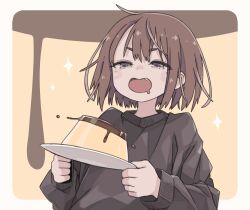 Rule 34 | 1girl, brown eyes, brown hair, drooling, fang, food, highres, holding, holding plate, icon 315, long sleeves, mouth drool, open mouth, original, plate, pudding, short hair, smile, solo, sweater