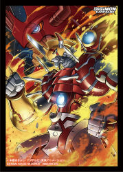 Rule 34 | armor, black border, blue eyes, border, clenched hands, closed mouth, commentary request, company name, copyright name, core, digimon, digimon (creature), digimon card game, fire, from side, full armor, helmet, horns, logo, official art, profile, red headwear, sasasi, shinegreymon, shinegreymon burst mode, spikes, standing, yellow eyes, yellow headwear
