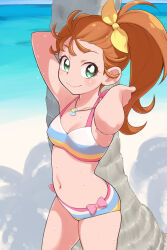 Rule 34 | 1girl, beach, bikini, breasts, cleavage, commentary request, green eyes, hair ribbon, highres, jewelry, kikurage (crayon arts), looking at viewer, multicolored bikini, multicolored clothes, natsuumi manatsu, necklace, ocean, orange hair, outdoors, precure, ribbon, sand, shell, shell necklace, side ponytail, small breasts, smile, solo, striped bikini, striped clothes, swimsuit, tropical-rouge! precure, wet, yellow ribbon