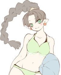 Rule 34 | 1girl, bad id, bad twitter id, ball, bare shoulders, beachball, bikini, blush, braid, braided ponytail, breasts, brown hair, closed mouth, collarbone, cowboy shot, earrings, fairy, forehead, green bikini, green eyes, groin, hair ornament, jewelry, kill0w0t, long hair, looking at viewer, medium breasts, midriff, navel, nintendo, panel de pon, parted bangs, pointy ears, ponytail, simple background, single braid, skindentation, smile, solo, standing, stomach, swimsuit, teana (panel de pon), white background