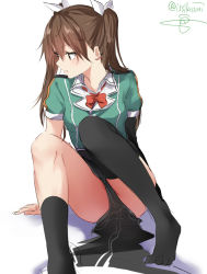 Rule 34 | 10s, 1girl, arm at side, arm support, asymmetrical legwear, black gloves, black thighhighs, brown eyes, brown hair, closed mouth, clothes between thighs, elbow gloves, fang, fang out, gloves, hair between eyes, hair ribbon, isshiki (ffmania7), kantai collection, long hair, looking away, no shoes, pelvic curtain, ribbon, shirt, short sleeves, side slit, signature, simple background, single elbow glove, single thighhigh, sitting, skirt, solo, tabard, thighhighs, tone (kancolle), tone kai ni (kancolle), twintails, twitter username, uneven legwear, white background, white ribbon