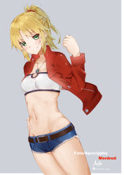 Rule 34 | 1girl, artist name, bad id, bad pixiv id, belt, blonde hair, blue shorts, blush, bra, breasts, character name, cleavage, collarbone, copyright name, cowboy shot, denim, denim shorts, dutch angle, fate/apocrypha, fate (series), green eyes, grey background, grin, groin, hair ornament, hair scrunchie, hand on own hip, high ponytail, highres, jewelry, medium breasts, midriff, mordred (fate), mordred (fate/apocrypha), mordred (memories at trifas) (fate), navel, necklace, scrunchie, shiny skin, short shorts, shorts, sidelocks, signature, smile, solo, standing, stomach, strapless, strapless bra, torn clothes, torn shorts, underwear, warashi, white bra