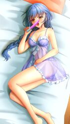 Rule 34 | 1girl, bare arms, bare legs, bed sheet, blue hair, braid, braided ponytail, breasts, cleavage, collarbone, dildo, doukyuusei 2, doukyuusei another world, fellatio, from above, holding, holding sex toy, licking, licking dildo, lingerie, long hair, lying, medium breasts, negligee, on side, open mouth, oral, purple negligee, see-through, sex toy, simulated fellatio, single braid, solo, tongue, tongue out, underwear, very long hair, yasuda azumi, yellow eyes