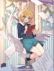 Rule 34 | + +, 1girl, antenna hair, black jacket, black socks, blonde hair, blue eyes, blue footwear, blue skirt, cardfight!! vanguard, character request, clipboard, collared shirt, commentary request, copyright notice, feathered wings, full body, halo, holding, jacket, long sleeves, miyoshino, official art, open mouth, quill, shirt, shoes, skirt, socks, solo, sparkle, v-shaped eyebrows, white shirt, white wings, wings