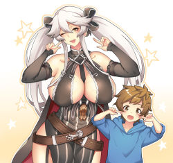 Rule 34 | 1boy, 1girl, age difference, breasts, cleavage, gran (granblue fantasy), granblue fantasy, happy, huge breasts, long hair, magisa (granblue fantasy), sakurama haruomi, sideboob, silver hair, smile, twintails