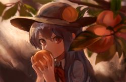 Rule 34 | 1girl, bad id, bad nicoseiga id, black hat, blue hair, blush, bow, bowler hat, bowtie, branch, collared shirt, covering own mouth, food, fruit, hat, hinanawi tenshi, holding, holding food, holding fruit, leaf, long hair, looking at viewer, okakan, peach, plant, red bow, red bowtie, red eyes, shirt, solo, touhou, upper body, white shirt, wing collar