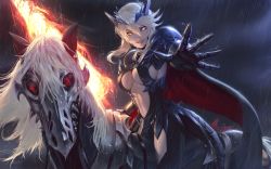 Rule 34 | 1girl, armor, artoria pendragon (fate), artoria pendragon (lancer alter) (fate), barding, blonde hair, breasts, cape, cleavage, evil smile, fate/grand order, fate (series), flaming weapon, glowing, glowing eyes, horse, lance, large breasts, looking at viewer, polearm, raikoart, rain, reaching, reaching towards viewer, red eyes, riding, smile, weapon, yellow eyes