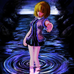 Rule 34 | 1girl, blonde hair, dress, female focus, foreshortening, mark, mark (heaven), mizuhashi parsee, outstretched hand, reaching, ripples, short dress, short hair, solo, standing, touhou, wading, water