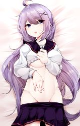 Rule 34 | 1girl, absurdres, ahoge, anchor symbol, azur lane, bed sheet, black sailor collar, black scrunchie, black skirt, blush, breasts, clothes lift, clothes pull, commentary, cowboy shot, dated commentary, groin, hair ornament, hair scrunchie, hand on own stomach, highres, indoors, large breasts, long hair, long sleeves, looking at viewer, low twintails, lying, navel, no legwear, no panties, on back, pale color, parted lips, pleated skirt, purple eyes, purple hair, sailor collar, samip, school uniform, scrunchie, serafuku, shirt lift, sidelocks, skirt, skirt pull, solo, stomach, sweat, symbol-only commentary, teeth, twintails, underboob, unicorn (long-awaited date) (azur lane), unicorn (azur lane), upper teeth only, very long hair, x hair ornament