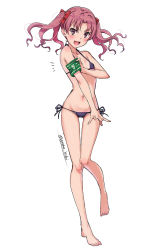 Rule 34 | 1girl, :d, ^^^, armband, bare legs, bare shoulders, barefoot, bikini, blush, bow, breasts, collarbone, commentary request, full body, gluteal fold, green armband, hair bow, hair ribbon, isshi pyuma, leg up, long hair, looking at viewer, lowleg, lowleg bikini, micro bikini, navel, open mouth, parted bangs, pink hair, purple bikini, purple eyes, purple ribbon, red bow, red ribbon, ribbon, shirai kuroko, side-tie bikini bottom, signature, simple background, small breasts, smile, solo, standing, standing on one leg, swimsuit, thigh gap, toaru kagaku no railgun, toaru majutsu no index, twintails, twitter username, white background
