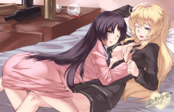Rule 34 | 10s, 2girls, alcohol, ass, bed, black hair, blind, blonde hair, blue eyes, blush, bottle, breasts, cleavage, cup, drinking glass, drooling, drunk, female focus, ge-b, grabbing, grabbing another&#039;s breast, hand on own head, ikezawa hanako, indoors, katawa shoujo, large breasts, long hair, lying, messy hair, multiple girls, on back, one eye closed, open clothes, open mouth, open shirt, pajamas, purple hair, satou lilly, scar, shirt, spilling, waking up, wine, wine glass, wink, yuri
