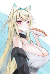 Rule 34 | 1girl, absurdres, animal ear fluff, animal ears, black collar, black jacket, blonde hair, blue hair, blush, breasts, cleavage, collar, dog ears, dog girl, dress, food, fuwawa abyssgard, highres, holding, holding food, hololive, hololive english, hot dog, huge breasts, jacket, long hair, looking at viewer, multicolored hair, pink eyes, rifufu, sidelocks, solo, spiked collar, spikes, streaked hair, two side up, virtual youtuber, white dress
