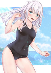 Rule 34 | 1girl, aga marino, black one-piece swimsuit, blue eyes, blue sky, breasts, cloud, commentary request, cowboy shot, hibiki (kancolle), kantai collection, leaning forward, long hair, looking at viewer, one-piece swimsuit, school swimsuit, silver hair, sky, small breasts, solo, standing, swimsuit