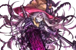 Rule 34 | 1girl, abigail williams (fate), absurdres, bad id, bad twitter id, black bow, bow, fate/grand order, fate (series), floating hair, glowing, glowing eyes, grin, hat, hat bow, highres, holding, holding sword, holding weapon, kankan33333, keyhole, long hair, looking at viewer, multiple bows, pale skin, red eyes, sharp teeth, simple background, slit pupils, smile, solo, sword, teeth, third eye, very long hair, weapon, white background, white hair, wide sleeves, witch hat, yellow bow