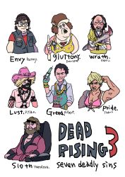 Rule 34 | 2girls, 5boys, albert contiello, black hair, blade, blonde hair, breasts, brown hair, capcom, clothes, coat, collar, darlene fleischermacher, dead rising, dead rising 3, drooling, dylan fuentes, facial hair, fork, glasses, gloves, harness, hat, highres, jewelry, jherii gallo, kenny dermot, mask, multiple boys, multiple girls, muscular, necklace, open mouth, shifu, shirt, short hair, simple background, tattoo