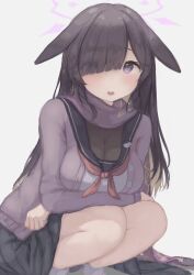 Rule 34 | 1girl, animal ears, blue archive, blush, breasts, hair over one eye, halo, highres, large breasts, long hair, looking at viewer, lop rabbit ears, open mouth, purple eyes, purple hair, purple scarf, rabbit ears, rabbit girl, scarf, school uniform, serafuku, skirt, smile, solo, teruriu, tsukuyo (blue archive)
