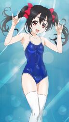 Rule 34 | 1girl, \m/, black hair, blue background, blue one-piece swimsuit, blush, bow, breasts, commentary request, double \m/, feet out of frame, hair bow, hands up, highres, long hair, love live!, love live! school idol project, one-piece swimsuit, open mouth, red bow, red eyes, small breasts, smile, solo, swimsuit, thighhighs, twintails, watanabe yoshihiro, white thighhighs, yazawa nico