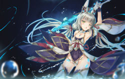 Rule 34 | 1girl, animal ears, cat ears, catalyst scimitar, facial mark, highleg, highleg leotard, highres, holding, holding sword, holding weapon, inoue takuya (tactactak), japanese clothes, leotard, long hair, looking at viewer, nia (blade) (xenoblade), nia (xenoblade), nintendo, niyah, silver hair, simple background, solo, spoilers, sword, weapon, xenoblade chronicles (series), xenoblade chronicles 2, yellow eyes