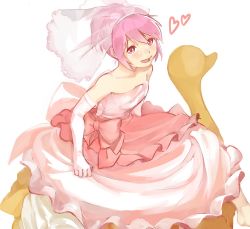 Rule 34 | 10s, 1girl, :d, alternate hairstyle, bare shoulders, bow, dessert, dress, food, gloves, heart, kaname madoka, kuwabara (medetaya), looking at viewer, mahou shoujo madoka magica, mahou shoujo madoka magica (anime), open mouth, pink dress, pink eyes, pink hair, ponytail, short hair, simple background, smile, solo, veil, white background, white gloves