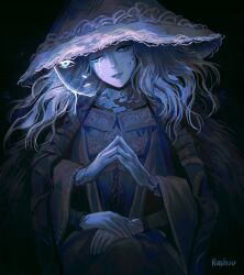 Rule 34 | 1girl, artist name, blue eyes, blue hair, blue skin, breasts, cape, cloak, closed mouth, colored skin, cracked skin, doll joints, dress, elden ring, extra arms, extra faces, fur cape, fur cloak, hat, head tilt, highres, joints, large hat, long hair, long sleeves, looking at viewer, medium breasts, one eye closed, own hands together, ranni the witch, rashuu, sitting, smile, solo, witch, witch hat