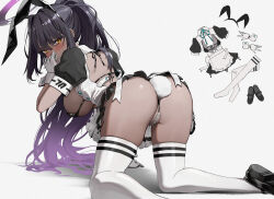 Rule 34 | 1girl, all fours, animal ears, apron, ass, backless outfit, bikini, black bikini, black footwear, black hair, blue archive, blush, breasts, capitan wei, commentary request, dark-skinned female, dark skin, fake animal ears, fake tail, gloves, hand on own face, high heels, high ponytail, highres, karin (blue archive), large breasts, leotard, long hair, looking at viewer, maid, maid apron, micro bikini, pearl thong, playboy bunny, ponytail, rabbit ears, rabbit tail, short sleeves, skindentation, string bikini, swimsuit, tail, thighhighs, very long hair, waist apron, white gloves, white thighhighs, wrist cuffs, yellow eyes