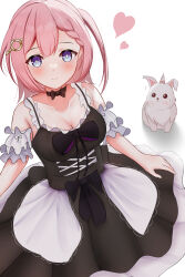 Rule 34 | 1girl, absurdres, alternate costume, arm cuffs, asta (honkai: star rail), black choker, blue eyes, blush, bow choker, braid, breasts, choker, cleavage, closed mouth, commentary, cowboy shot, dog, dress, english commentary, enmaided, frills, from above, hair ornament, hairpin, heart, highres, honkai: star rail, honkai (series), knosdeba, large breasts, looking at viewer, maid, medium hair, mixed-language commentary, peppy (honkai: star rail), pink hair, side ponytail, simple background, sleeveless, sleeveless dress, smile, spoken heart, white background