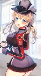 Rule 34 | 1girl, anchor hair ornament, aqua eyes, ass, back, black skirt, blonde hair, blush, breasts, coffee, cross, gloves, hair ornament, hat, highres, indoors, iron cross, kantai collection, long hair, long sleeves, looking at viewer, low twintails, medium breasts, microskirt, military, military hat, military uniform, panties, pantyshot, peaked cap, pleated skirt, prinz eugen (kancolle), qqqmei, skirt, solo, twintails, underwear, uniform, white gloves, window