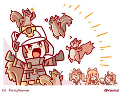 Rule 34 | 1koma, 4girls, :&lt;, ?, angelina (arknights), animal ears, animal ears helmet, animal helmet, arknights, black gloves, black jacket, blender (object), bow, bowtie, brown eyes, brown hair, bubble (arknights), ceobe (arknights), chibi, comic, commentary, dog ears, dog girl, english commentary, english text, fire helmet, firefighter, firefighter jacket, flower, flower on head, fox ears, gloves, hairband, heart, helmet, highres, horns, jacket, large tail, long hair, long sleeves, multiple girls, open mouth, red bow, red bowtie, red hairband, rhinoceros ears, rhinoceros girl, salute, shaw (arknights), short hair, single horn, squirrel, squirrel girl, squirrel tail, tail, twintails, twitter username, wittle red