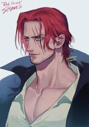 Rule 34 | 1boy, absurdres, beard stubble, black jacket, blue eyes, character name, collarbone, collared shirt, dated, english text, facial hair, from side, grey background, highres, jacket, looking afar, male focus, momoh jiyucho, one piece, open clothes, open jacket, red hair, scar, scar across eye, shanks (one piece), shirt, short hair, signature, simple background, solo, stubble, upper body, white shirt