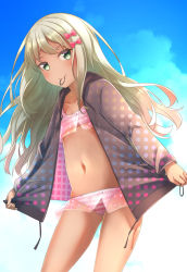 Rule 34 | 1girl, alternate costume, bikini, black jacket, blonde hair, bow, closed mouth, collarbone, comah, cowboy shot, day, grecale (kancolle), green eyes, hair bow, highres, jacket, kantai collection, long hair, long sleeves, mouth hold, navel, pink bikini, pink bow, polka dot, solo, striped bikini, striped clothes, swimsuit