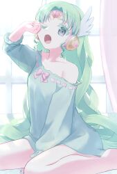 Rule 34 | 1girl, ;o, bare shoulders, colored eyelashes, commentary request, curtains, falulu, forehead jewel, green hair, grey eyes, headphones, highres, indoors, lily (lilylly0105), long hair, long sleeves, looking at viewer, nightgown, one eye closed, open mouth, pretty series, pripara, rubbing eyes, sidelocks, sitting, sleepwear, sleepy, solo, wariza, window, wing hair ornament, yawning