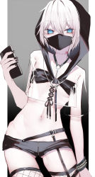 Rule 34 | 1girl, absurdres, black nails, blue eyes, cellphone, contrapposto, cowboy shot, fishnets, hair between eyes, highres, hinamori (18ar0), holding, holding phone, hood, lace-up top, looking at viewer, mask, mouth mask, nail polish, navel, original, phone, see-through, see-through shirt, short hair, short shorts, shorts, smartphone, solo, stitched neck, stitches, white hair, wristband