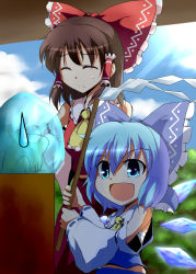 Rule 34 | 2girls, bare shoulders, blue eyes, blue hair, bow, brown hair, cirno, cosplay, detached sleeves, closed eyes, frog, frozen, frozen frog, gohei, hair bow, haji (hajiko), hajiko, hakurei reimu, hakurei reimu (cosplay), ice, japanese clothes, miko, multiple girls, open mouth, sarashi, short hair, sweatdrop, touhou