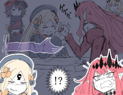 Rule 34 | 4girls, abigail williams (fate), arm wrestling, avalon (fate/stay night), black eyes, blonde hair, blue eyes, closed eyes, comic, dress, eyebrows hidden by hair, barghest (fate), baobhan sith (fate), fate/grand order, fate (series), flower, grey eyes, hair between eyes, hair flower, hair ornament, hair ribbon, hat, japanese clothes, kankan33333, katsushika hokusai (fate), kimono, long hair, looking at viewer, multicolored eyes, multiple girls, nail polish, open mouth, pointy ears, red eyes, red nails, ribbon, short hair, smile, sweat, table, yellow eyes