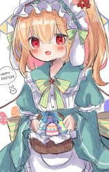 Rule 34 | 1girl, alternate costume, animal, animal ears, apron, back bow, basket, black eyes, blonde hair, blue bow, blush, bow, bowtie, buttons, closed mouth, collared dress, colored skin, commentary request, dorowa (drawerslove), dress, easter, egg, english text, fang, flandre scarlet, flower, food, frills, green bow, green bowtie, green dress, grey hat, hair between eyes, hair flower, hair ornament, hands up, hat, highres, juliet sleeves, long sleeves, looking at viewer, looking up, mob cap, multicolored wings, one side up, open mouth, puffy sleeves, rabbit, rabbit ears, red eyes, red flower, short hair, simple background, smile, solo, speech bubble, standing, striped bow, striped bowtie, striped clothes, tongue, touhou, white apron, white background, white skin, wide sleeves, wings, yellow bow, yellow bowtie