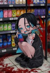 Rule 34 | 1girl, ambiguous red liquid, aqua eyes, aqua hair, aqua nails, aqua tongue, artist name, bad id, bad twitter id, bare legs, black choker, black footwear, black hair, black jacket, blood, blood on clothes, blood on face, blood splatter, blood stain, can, chain, choker, collarbone, colored inner hair, commentary, cross, cross choker, drink can, ear piercing, earrings, full body, hair between eyes, holding, holding can, indoors, ishida umi, jacket, jewelry, juice, long sleeves, looking at viewer, medium hair, multicolored hair, nail polish, on floor, open clothes, open jacket, open mouth, original, outline, piercing, pointy ears, sharp teeth, shelf, shirt, shoes, sleeves past fingers, sleeves past wrists, smile, soda can, solo, squatting, supermarket, symbol-only commentary, teeth, tile floor, tiles, tomato juice, two-sided fabric, two-sided jacket, watermark, white outline, white shirt
