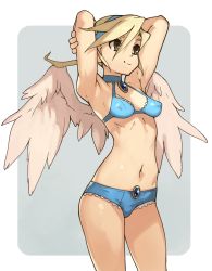 Rule 34 | 1girl, angel wings, armpits, arms behind head, ayatsuki nina, blonde hair, blue bra, blue hairband, blue panties, border, bra, breasts, breath of fire, breath of fire iv, brooch, brown eyes, chest jewel, closed mouth, cowboy shot, grey background, hairband, hands up, highres, jewelry, medium hair, panties, small breasts, smile, solo, standing, underwear, vins-mousseux, white border, wings