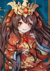 Rule 34 | 1girl, absurdres, alternate costume, bridal gauntlets, brown hair, chinese clothes, commentary request, dress, genshin impact, hair between eyes, headpiece, highres, hu tao (genshin impact), long hair, long sleeves, looking at viewer, red eyes, sidelocks, solo, symbol-shaped pupils, tiara, twintails, vision (genshin impact), wedding dress, wide sleeves, zhuiyi sigma