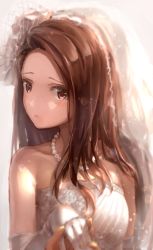 Rule 34 | 1girl, absurdres, bare shoulders, beige background, blush, breasts, bridal veil, brown eyes, brown hair, closed mouth, collarbone, commentary, dress, elbow gloves, gloves, highres, holding hands, idolmaster, idolmaster (classic), jewelry, long hair, looking at viewer, madogiwa (ran5), minase iori, necklace, pearl necklace, pov, pov hands, sleeveless, sleeveless dress, small breasts, strapless, strapless dress, upper body, veil, wedding dress, white dress, white gloves
