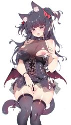 Rule 34 | 1girl, \||/, absurdres, animal ear fluff, animal ears, warrior of light (ff14), bar censor, bat wings, between legs, black hair, black panties, black ribbon, black thighhighs, blush, breasts, cat ears, cat girl, cat tail, censored, cleavage, clothing aside, corset, covered navel, cowboy shot, facial mark, final fantasy, final fantasy xiv, grey eyes, hair ribbon, hand between legs, heart, heart-shaped pupils, highres, large breasts, lingerie, long hair, looking at viewer, low wings, miqo&#039;te, mole, mole under eye, nipples, one breast out, open mouth, original, panties, panties aside, pussy, pussy juice, red ribbon, ribbon, simple background, solo, symbol-shaped pupils, tail, tail ornament, tail ribbon, thigh gap, thighhighs, thighs, tongue, tongue out, torn clothes, two side up, underwear, whisker markings, white background, wings, zhazhapao