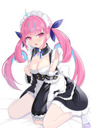 Rule 34 | 1girl, ahoge, apron, blue ribbon, blush, breasts, colored inner hair, hair ornament, hololive, karmq, long hair, looking at viewer, maid, maid apron, maid headdress, minato aqua, multicolored hair, open mouth, pink eyes, ribbon, simple background, solo, twintails, two-tone hair, virtual youtuber