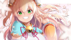 Rule 34 | 1girl, bell, blonde hair, blue capelet, blurry, blurry background, blurry foreground, blush, bun cover, capelet, commentary request, depth of field, double bun, enatsu, flower, frilled sleeves, frills, green eyes, grin, hair between eyes, hair bun, hair flower, hair ornament, hand up, highres, hololive, jingle bell, long hair, long sleeves, looking at viewer, momosuzu nene, momosuzu nene (old design), nail polish, neck ribbon, pink nails, red ribbon, ribbon, smile, solo, two side up, upper body, virtual youtuber, white flower