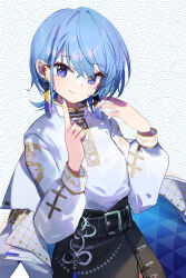 Rule 34 | 1girl, black skirt, blue hair, blue nails, closed mouth, commentary request, earrings, eyes visible through hair, hair between eyes, hands up, highres, hololive, hoshimachi suisei, jewelry, long sleeves, looking at viewer, nail polish, puffy long sleeves, puffy sleeves, purple eyes, seigaiha, shadowsinking, shirt, skirt, smile, solo, virtual youtuber, white shirt