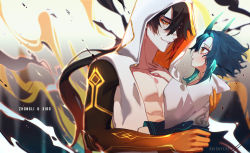 Rule 34 | 2boys, aged down, akishycat, arm tattoo, bare shoulders, black hair, blush, brown hair, child, cloak, collarbone, facial mark, forehead mark, genshin impact, green hair, hair between eyes, highres, holding, holding person, hood, hood up, hooded cloak, horns, long hair, looking at another, male focus, multicolored hair, multiple boys, one eye covered, open cloak, open clothes, open mouth, parted bangs, pectorals, ponytail, sleeveless, slit pupils, smile, tattoo, toned, toned male, xiao (genshin impact), yellow eyes, zhongli (archon) (genshin impact), zhongli (genshin impact)