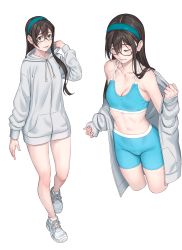 Rule 34 | 1girl, aqua eyes, aqua hairband, black-framed eyewear, black hair, blush, breasts, cleavage, closed mouth, collarbone, cropped legs, closed eyes, glasses, hair between eyes, hairband, highres, hood, hooded jacket, jacket, kantai collection, long hair, multiple views, navel, ooyodo (kancolle), open clothes, open jacket, open mouth, shoes, simple background, sneakers, sports bra, sportswear, white background, white jacket, yuuji (and)