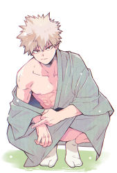 Rule 34 | 1boy, bakugou katsuki, blonde hair, boku no hero academia, highres, japanese clothes, looking at viewer, male focus, middle finger, nipples, red eyes, solo, spiked hair, squatting, toned, toned male, umasara, white background, white footwear