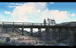 Rule 34 | 1girl, advarcher, alternate costume, bad id, bad pixiv id, bird, blue sky, cloud, cloudy sky, commentary, cowboy, cowboy western, day, english commentary, gawr gura, grey hair, hat, highres, hololive, hololive english, horse, letterboxed, poncho, railroad tracks, scenery, sky, standing, twitter username, virtual youtuber, western